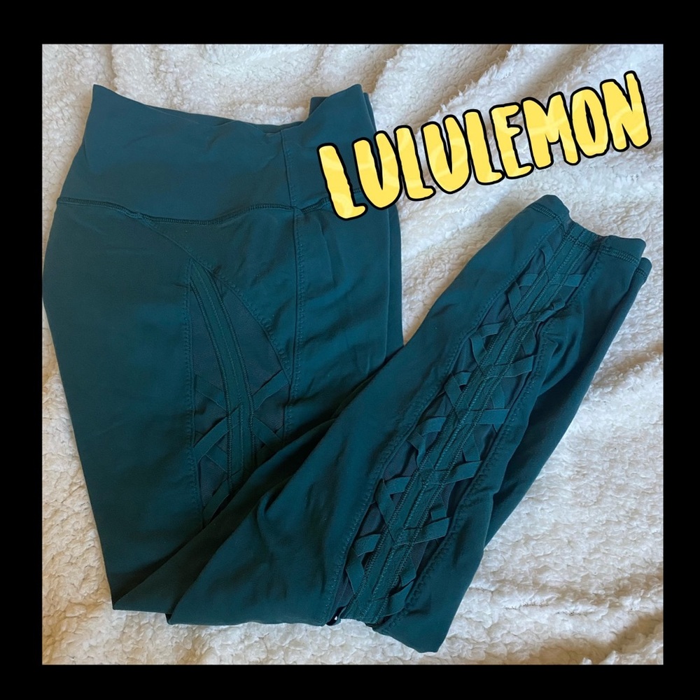 Lululemon forest green high waisted leggings with mesh crisscross side p…